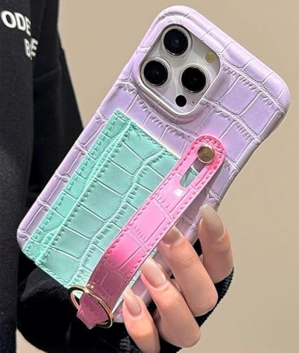 GXZJFC Kartenetui mit Kontrastdruck, geeignet für iPhone 15 Pro Max 14 12 13 Pro mit Handschlaufe, Leder-Handyhülle, Hellviolett, für iPhone 13ProMax (6,7 Zoll) von GXZJFC