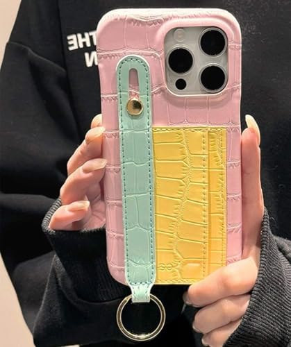 GXZJFC Kartenetui mit Kontrastdruck, geeignet für iPhone 15 Pro Max 14 12 13 Pro mit Handschlaufe, Leder-Handyhülle, Pink, für iPhone 13ProMax (6,7 Zoll) von GXZJFC