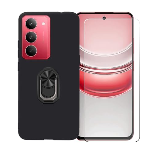 GYDQQKJ Handy Ringhalter Hülle Für Realme V70 (6.67"),Schwarz Cover TPU Handyhülle Silikon Tasche Case Schutzhülle + [HD Schutzfolie Anti-Fall Displayschutz] (Schwarz Universal Ring) von GYDQQKJ