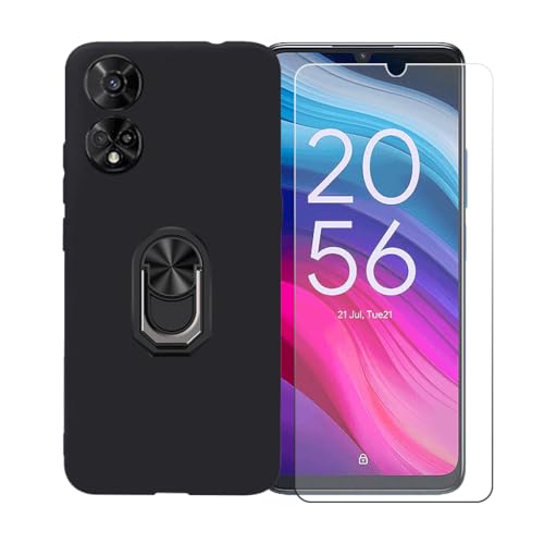 GYDQQKJ Handy Ringhalter Hülle Für TCL One Touch T10 5G T550N (6.50"),Schwarz Cover Handyhülle Silikon Tasche Case Schutzhülle + [HD Schutzfolie Anti-Fall Displayschutz] (Schwarz Universal Ring) von GYDQQKJ