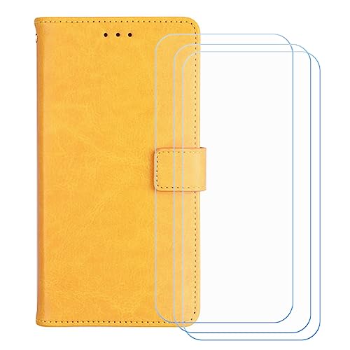 GYDQQKJ Hülle für Motorola Edge 60 Pro (6.67 Zoll), Schutzhülle PU Leder + [3 Tabletten Displayschutz Schutzfolie] - Flip mit Brieftasche Card Slot Kreditkarten Geldfächern Case Gelb von GYDQQKJ