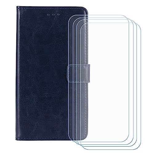 GYDQQKJ Hülle für TCL 60 SE Nxtpaper 5G (6.67 Zoll), Schutzhülle PU Leder + [4 Tabletten Displayschutz Schutzfolie] - mit Brieftasche Card Slot Kreditkarten Geldfächern Case Dunkel Blau von GYDQQKJ