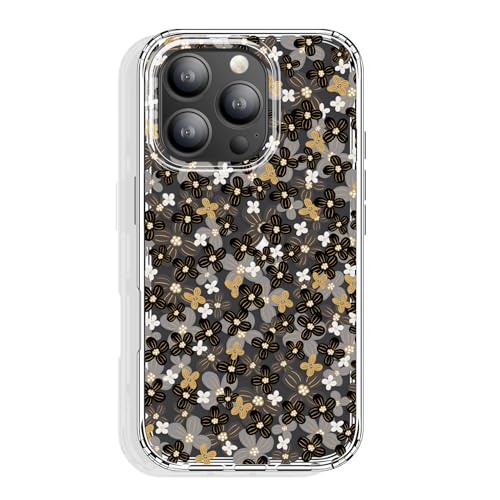 GYZYA Schutzhülle für iPhone 16 Pro, transparent, 16,3 cm (6,3 Zoll), mit Muster-Design, schützende dünne TPU-Abdeckung + stoßfester Stoßfänger für Frauen und Mädchen (Schwarz-Goldblumen) von GYZYA