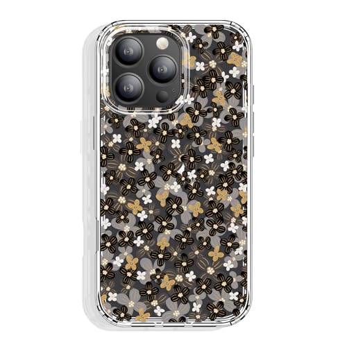 GYZYA Schutzhülle für iPhone 16 Pro Max, transparent, 17,5 cm (6,9 Zoll), mit Muster, schützende dünne TPU-Abdeckung + stoßfester Stoßfänger, für Frauen und Mädchen (Schwarz-Goldblumen) von GYZYA