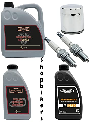 Wartungsset Mineralöl 20 W 50 Getriebe und Primäröl 2 Zündkerzen Accel Ölfilter Chrom für Harley Davidson Dyna Softail Touring Wartungsset Mineralöl 20 W 50 Getriebe und Primäröl 2 Zündkerzen Accel Ölfilter Chrom für Harley Davidson Dyna Softail Touring von GZM