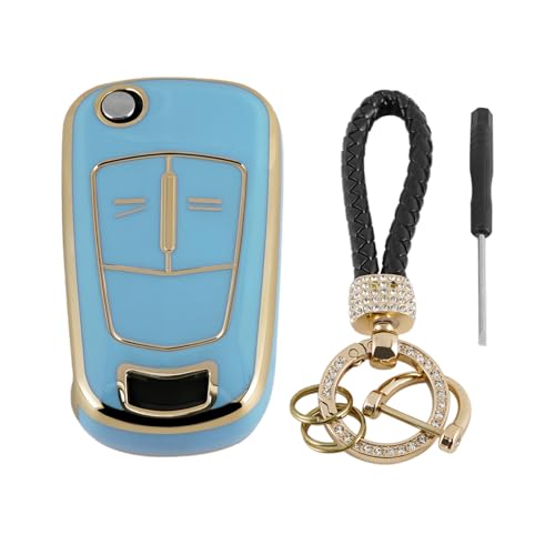 Autoschlüssel TPU Schutz für Opel Vauxhall Astra Zafira Adam Insignia Mokka Corsa Signum Tigra Meriva Schlüsselhülle mit Schlüsselanhänger (Blau-Gold) von GZXNKEY