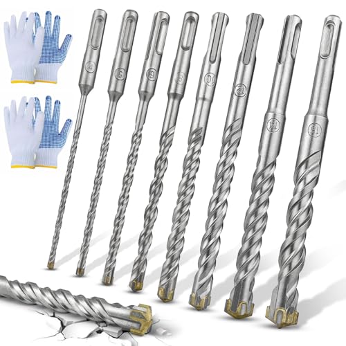 GZcaiyun SDS Plus Bohrer Set, 8 Stück Betonbohrer Set, Größen 4,5,6,8,10,12,14,16mm ×160mm, Steinbohrer Hammerbohrer Set für Bohren von Beton Stein Holz Ziegel Fliesen, mit 2 Paar Handschuhe GZcaiyun SDS Plus Bohrer Set, 8 Stück Betonbohrer Set, Größen 4,5,6,8,10,12,14,16mm ×160mm, Steinbohrer Hammerbohrer Set für Bohren von Beton Stein Holz Ziegel Fliesen, mit 2 Paar Handschuhe von GZcaiyun
