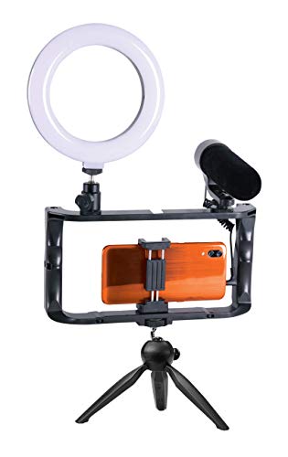 GadgetMonster Smartphone Vlogging Kit für YouTube Videos, bestehend aus Handy Stativ, Richtmikrofon und Ringlicht für Apple, Samsung, Huawei, Xiaomi, OnePlus und LG Smartphones, schwarz, GM006 von GadgetMonster