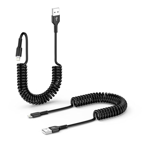 Spiralkabel USB A auf Lightning Kabel, 2Pack Kurz iPhone Ladekabel Auto, Apply Carplay ＆ MFi Zertifiziert, Spiralkabel Lightning Kabel für iPhone 14 13 12 11 Pro Max X XS XR 8 7 6 Plus von Gaef