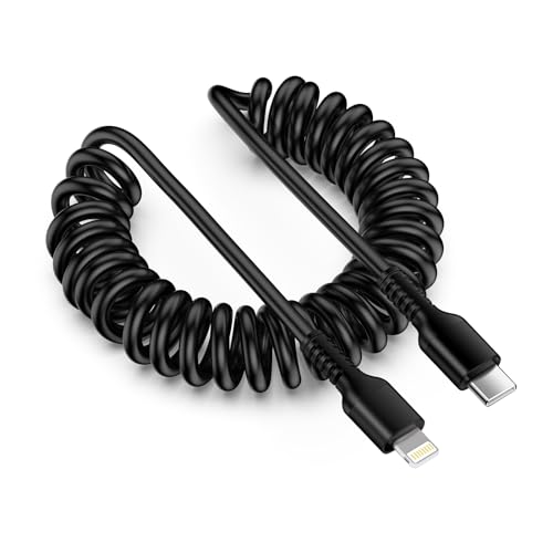 Spiralkabel USB C auf Lightning Kabel, Apple Carplay USB C Ladekabel mit Datenübertragung, Einziehbares Usbc auf lightningkabel Apple MFi-zertifiziert, Spiral Auto Kabel für iPhone 14/13/12/11/i Pad von Gaef