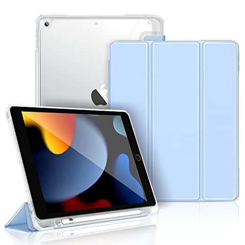 Gahwa Hülle für iPad 9. Gen 2021/8. Gen 2020/7. Gen 2019, 10,2 Zoll Ultra Leicht Schutzhülle Transparent Rückseite, Auto Schlaf/Wach Funktion, Magnetische Abdeckung (mit Stifthalter) - Hellblau von Gahwa