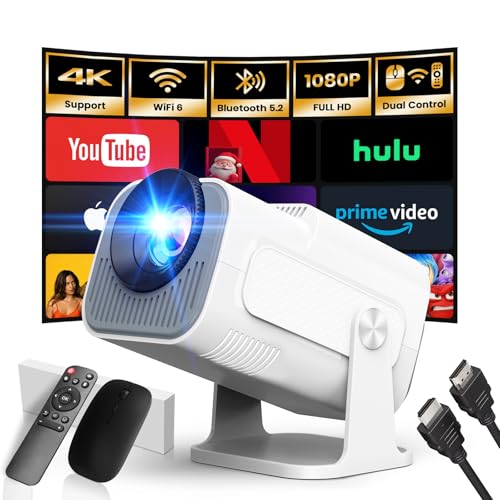 [Bulit-in App] Mini Beamer 1080P FHD 2024 Upgraded Projektor Portable Dual Control mit Maus Android TV WiFi 6 BT5.2 180° Verstellbar HDMI/TV Stick/USB/PS5, mit HDMI-Kabel und Maus,Weiß von Gaimoo