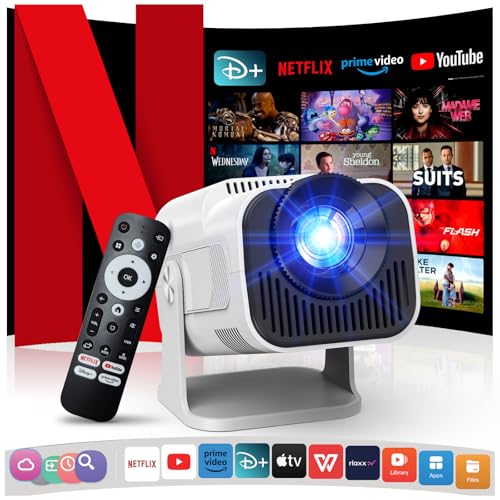 [Netflix Offiziell/Stereo-Lautsprecher] 4K Beamer mit WiFi und Bluetooth, 1080P Native Mini Beamer Tragbar, One-Click Use Built-in Netflix/YouTube/PrimeVideo/D+, Smart Home Outdoor Projektor Weiß von Gaimoo