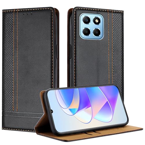 Galafu Hülle für Honor X8a Hülle, Stoßfeste PU Leder Flip Schutzhülle mit Standfunktion, Klappbar Wallet Handyhülle für Honor X8a, Schwarz von Galafu