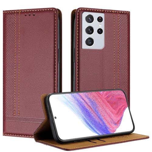 Galafu Hülle für Samsung Galaxy S21 Ultra Hülle, Stoßfeste PU Leder Flip Schutzhülle mit Standfunktion, Klappbar Wallet Handyhülle für Samsung S21 Ultra, Weinrot von Galafu