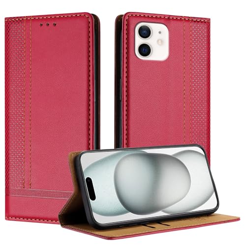 Galafu Hülle für iPhone 12 Hülle, Stoßfeste PU Leder Flip Schutzhülle mit Standfunktion, Klappbar Wallet Handyhülle für iPhone 12, Rot von Galafu