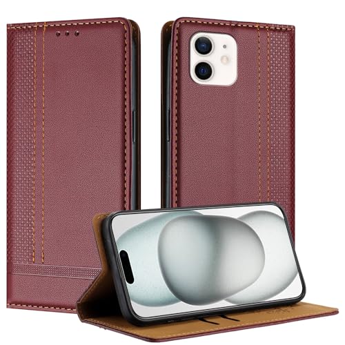 Galafu Hülle für iPhone 12 Hülle, Stoßfeste PU Leder Flip Schutzhülle mit Standfunktion, Klappbar Wallet Handyhülle für iPhone 12, Weinrot von Galafu