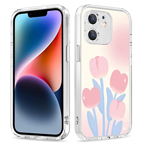 Galafu Hülle für iPhone 12 Mini, Transparente TPU Silikon Anti Gelb Handyhülle für Mädchen, Ultra Durchsichtig Dünn Stoßfest Anti-Kratz Schutzhülle für iPhone 12 Mini (5.4 inch), Rosa Tulpe -1 von Galafu