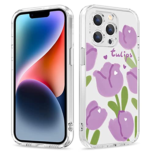 Galafu Hülle für iPhone 13 Pro, Transparente TPU Silikon Anti Gelb Handyhülle für Mädchen, Ultra Durchsichtig Dünn Stoßfest Anti-Kratz Schutzhülle für iPhone 13 Pro (6.1 inch), Lila Tulpe von Galafu