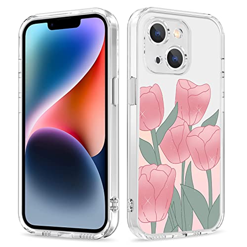 Galafu Hülle für iPhone 14, Transparente TPU Silikon Anti Gelb Handyhülle für Mädchen, Ultra Durchsichtig Dünn Stoßfest Anti-Kratz Schutzhülle für iPhone 14 (6.1 inch), Rosa Blume -4 von Galafu