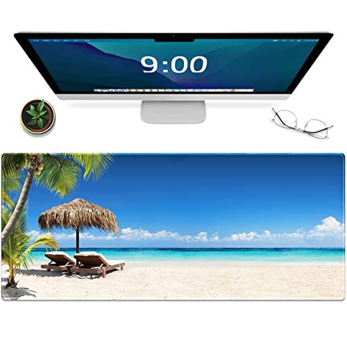 Galdas Gaming-Mauspad, Strand-Muster, XXL, XL, großes Mauspad, langes Design, rutschfest, gummiert, genähte Kanten, dünnes Pad (80 x 30 x 2 cm) – Tropische Palmenmeer und Strand von Galdas
