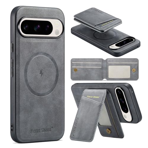 Galful Leder Handyhülle Google Pixel 9 Pro XL Magnetische Hülle mit Kartenfach Standfunktion Schutzhülle Pixel 9 Pro XL Case mit Ständer Abnehmbar Wallet Handy kreditkartenetui Stoßfeste Cover-Grau von Galful