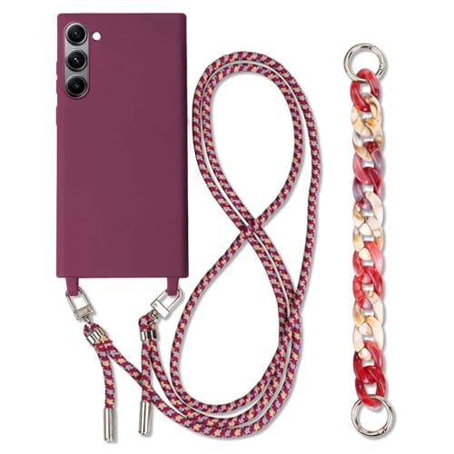 Galful Handykette Samsung Galaxy S23 Plus Hülle mit Armband 6.6’’,Necklace Handyhülle mit Kordel Nylon Schultergurt Silikon Schutzhülle mit Band Schnur zum Umhängen Stoßfeste Case-Tiefrot von Galful