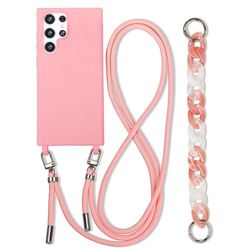 Galful Handykette für Samsung Galaxy S22 Plus Hülle mit Band,Necklace Handyhülle Samsung S22 Plus Hülle mit Armband Kordel zum Umhängen Schutzhülle Nylon Schultergurt Silikon Case,Rosa von Galful