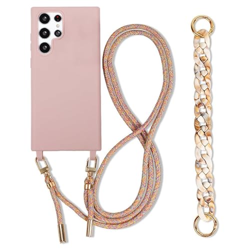 Galful Handykette für Samsung Galaxy S22 Ultra Hülle mit Band,Necklace Handyhülle Samsung S22 Ultra Hülle mit Armband Kordel zum Umhängen Schutzhülle Nylon Schultergurt Silikon Case,Sandrose von Galful