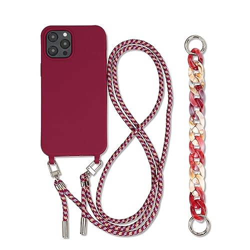 Galful Handykette iPhone 14 Pro Hülle mit Band 6.1’’,Necklace Handyhülle mit Armband Kordel zum Umhängen Schutzhülle Nylon Schultergurt Silikon iPhone 14 Pro Case Cover,Dunkelrot von Galful