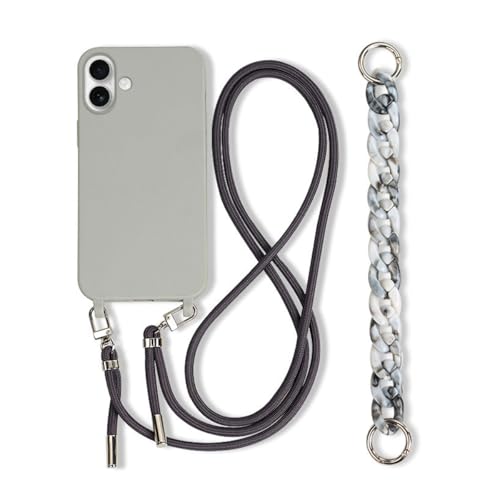 Galful Handykette iPhone 16 Hülle mit Armband,Necklace Handyhülle iPhone 16 Case mit Band Schutzhülle zum Umhängen Kordel Verstellbarer Nylon Halskette Silikon Case Cover-Grau von Galful