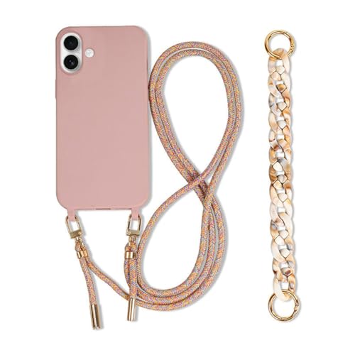 Galful Handykette iPhone 16 Hülle mit Armband,Necklace Handyhülle iPhone 16 Case mit Band Schutzhülle zum Umhängen Kordel Verstellbarer Nylon Halskette Silikon Case Cover-Sandrosa von Galful