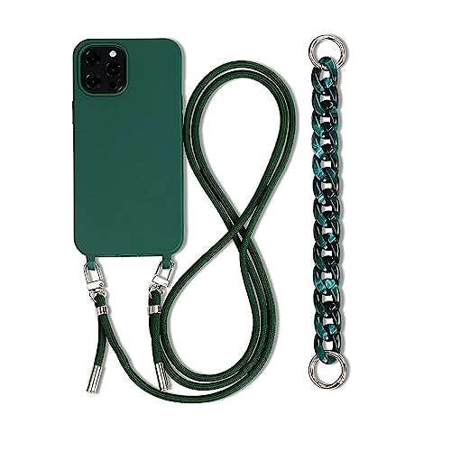 Galful Handykette iPhone 16 Pro Max Hülle mit Armband,Necklace Handyhülle iPhone 16 Pro Max Case mit Band Schutzhülle zum Umhängen Kordel Verstellbarer Nylon Halskette Silikon Case Cover-Dunkelgrün von Galful