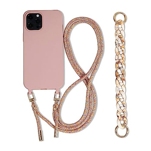 Galful Handykette kompatibel mit iPhone 15 Pro Max Hülle mit Armband,Necklace Handyhülle iPhone 15 Pro Max Schutzhülle zum Umhängen Kordel Verstellbarer Halskette Silikon Case Cover-Sandrosa von Galful