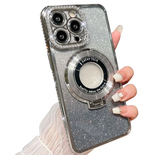 Galful Magnetic Case iPhone 15 Pro Max Glitzer Hülle,Handyhülle iPhone 15 Pro Max dünn Schutzhülle Kompatibel mit MagSafe Kameraschutz Transparent Glitzer Karte Diamant Bling Slim Bumper Case-silbrig von Galful