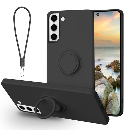 Galful Samsung Galaxy S22 Silikon Hülle, Ultra Dünn Hanyhülle mit Band Weich Schutzhülle Stoßfest Kratzfeste Ring Case 360 Grad Halter Ständer Magnetische Autohalterung innem Microfaser 6.1” Schwarz von Galful