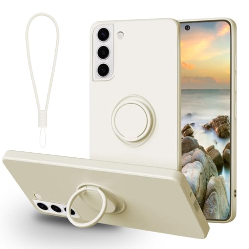 Galful Samsung Galaxy S22 Silikon Hülle 5G, Ultra Dünn Hanyhülle mit Band Weich Schutzhülle Stoßfest Kratzfeste Ring Case 360 Grad Halter Ständer Magnetische Autohalterung innem Microfaser 6.1” Weiß von Galful