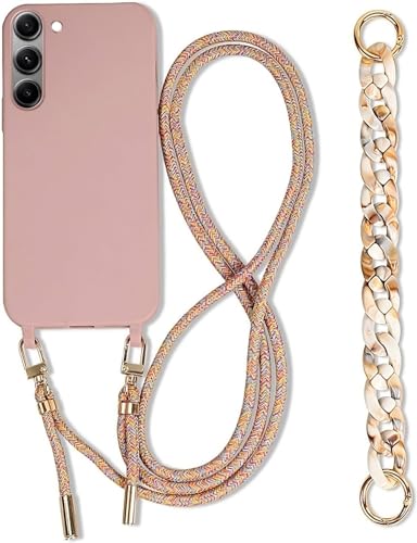 Galful Samsung Galaxy S24 Plus Hülle mit Band,Handykette Handyhülle mit Armband,Necklace Case mit Kordel Nylon Schultergurt Silikon Schutzhülle zum Umhängen Stoßfeste Case Cover-Sandrose von Galful