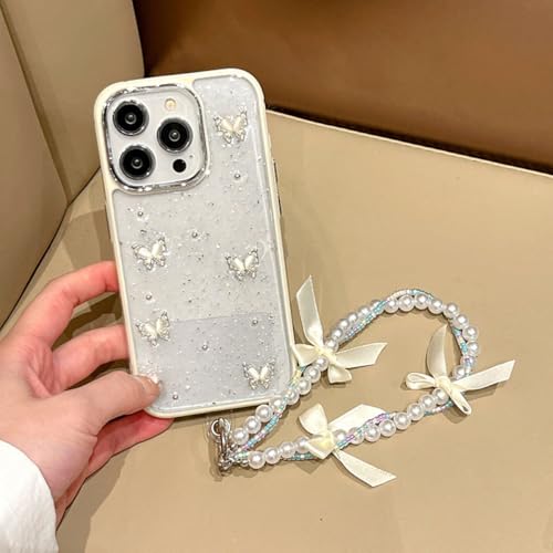 Galful Transparent Hülle für iPhone 15 Pro Max Silikon Case mit Perlen Armband Dünne Glitzer Handyhülle iPhone 15 Pro Max Schutzhülle 3D Schmetterling Kratzfest Stoßfest Case Cover-Weißes Armband von Galful