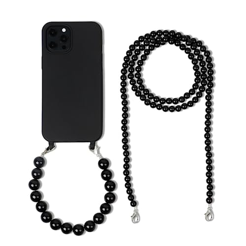 Galful iPhone 12 Pro Max Handykette Hülle mit Armband,Necklace Handyhülle iPhone 12 Pro Max Schutzhülle mit Perlen Band Case Zwei abnehmbaren Handschlaufen Design Kordel zum Umhängen Case,Schwarz von Galful