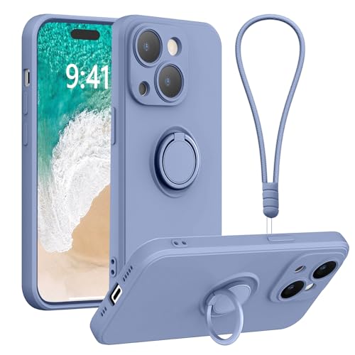 Galful iPhone 15 Hülle Silikon mit Band,Slim Handyhülle mit Ständer Schutzhülle Magnetische Stoßfest Kratzfeste Slim Case 360 Grad Halter Ring Cover innem Microfaser-Blau von Galful