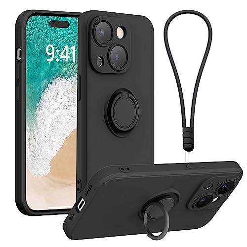 Galful iPhone 15 Hülle Silikon mit Band,Slim Handyhülle mit Ständer Schutzhülle Magnetische Stoßfest Kratzfeste Slim Case 360 Grad Halter Ring Cover innem Microfaser-Schwarz von Galful