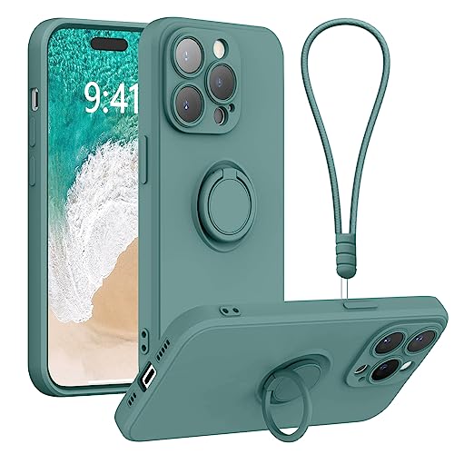 Galful iPhone 15 Pro Hülle Silikon mit Band,Slim Handyhülle mit Ständer Schutzhülle Magnetische Stoßfest Kratzfeste Slim Case 360 Grad Halter Ring Cover innem Microfaser-Dunkelgrün von Galful