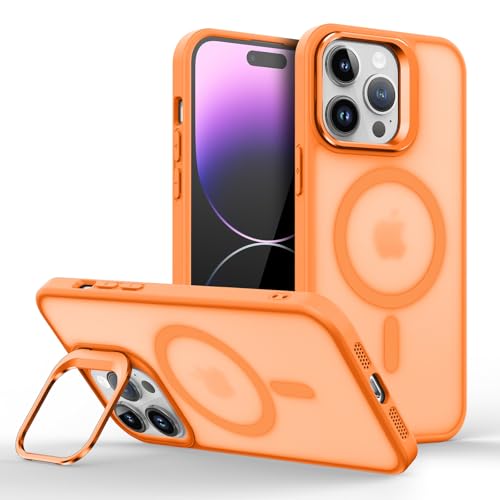 Galful Magnetisch Handyhülle für iPhone 15 Pro Max Hülle mit Ständer,Matt Schutzhülle iPhone 15 Pro Max Case Integrierter Kamera Ringständer Transluzent Hülle Anti-Fingerabdruck Stoßfest Cover-Orange von Galful