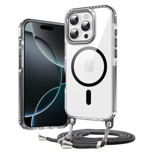 Galful Handykette Hülle für iPhone 16 Pro Max Magnetische Handyhülle mit Band,Durchsichtig Dünn Schutzhülle Necklace Hülle mit Abnehmbar Kordel zum Umhängen Hart Klare Case iPhone 16 Pro Max-Schwarz von Galful