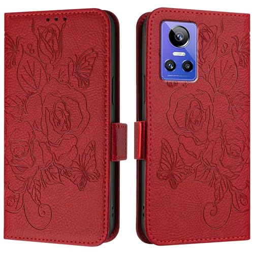 Handyhülle Kompatibel mit OPPO Realme GT NEO 3 Hülle, Brieftaschen-Hülle, schlankes PU-Leder-Handy-Flip-Folio-Gehäuse, stoßfeste Schutzhülle mit Kartenhaltern + Handschlaufe Schutzhülle(Red) von GaliJialiB