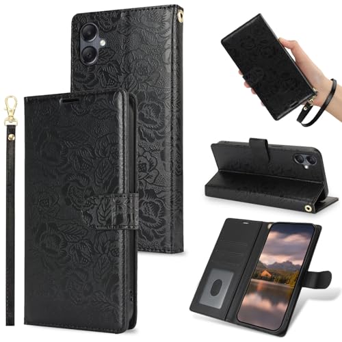 Handyhülle Kompatibel mit Samsung Galaxy A05 4G Wallet Case, PU-Leder-Magnetverschluss-Flip-Folio-Case mit Kartenhaltern, Ständer und Trageband, stoßfeste TPU-Innenschale Schutzhülle(Black) von GaliJialiB