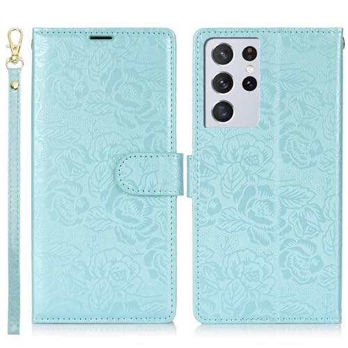Handyhülle Kompatibel mit Samsung Galaxy S21 Ultra Wallet Case, PU-Leder, magnetisches Flip-Folio-Case mit Kartenhaltern, Kickstand und Lanyard, stoßfeste TPU-Innenschale Schutzhülle(Blue) von GaliJialiB
