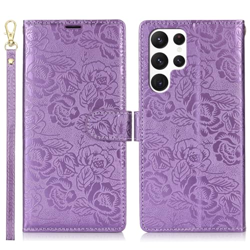 Handyhülle Kompatibel mit Samsung Galaxy S22 Ultra Wallet Case, PU-Leder-Magnetverschluss-Flip-Folio-Hülle mit Kartenhaltern, Ständer und Trageband, stoßfeste TPU-Innenschale Schutzhülle(Purple) von GaliJialiB