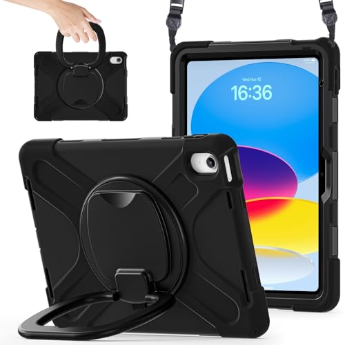 Tablet PC Hülle Hülle kompatibel mit iPad 10. Generation 10,9 Zoll 2022, stoßfeste, robuste Abdeckung mit 360° drehbarem Ständer, robuste Tablet-Hülle mit Hand-/Schultergurt Schutzhülle(Black) von GaliJialiB